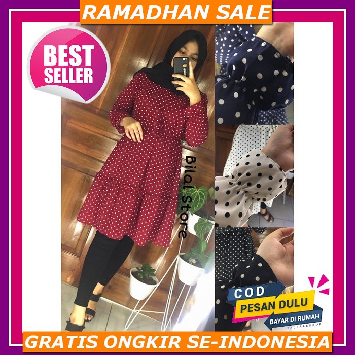 Alien Tunik Atasan Kealmeja Panjang Wanita Muslimah Terbaru Arshaka_Co Tunik Polkadot Monalisa/Tunik