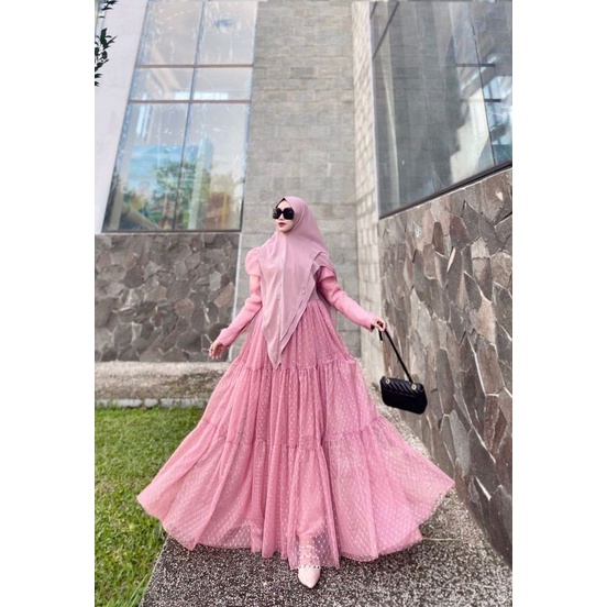 SET GAMIS SYARI BAJU MUSLIM PESTA MEWAH TILE POLKADOT RENDA BUSUI JUMBO KHIMAR CERUTY PET ANTEM ORI