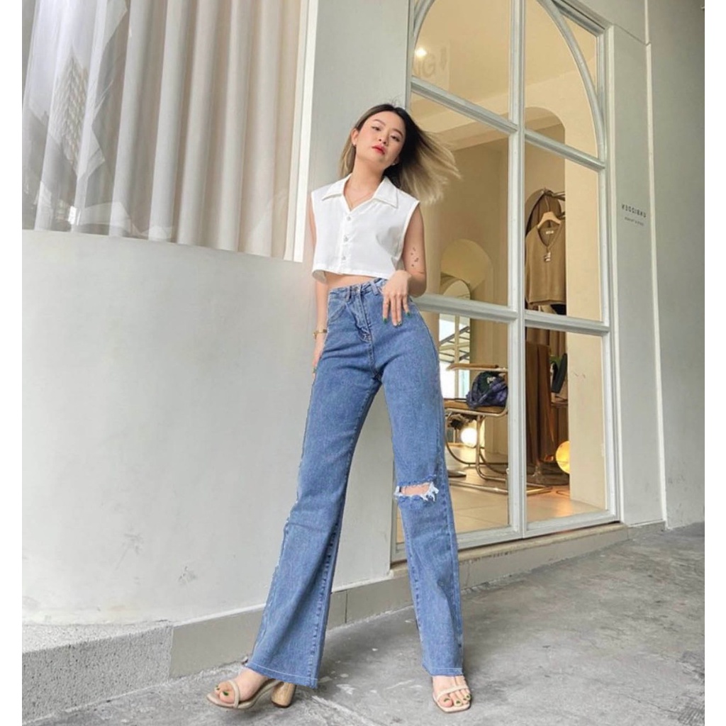 HOPYLOVY Celana Panjang Kulot Jeans Highwaist Sobek Long BF Ishika Loose Jeans