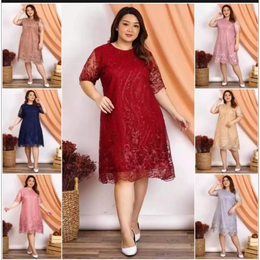 PROMO AKHIR TAHUN..Dress Wanita Kekinian 2021 Brukat Korea Tile XXL Bigsize Jumbo Brukat Tile Bordir
