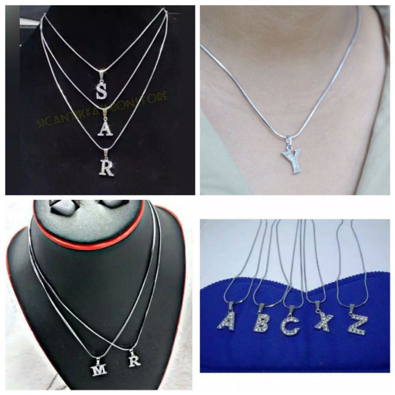 Kalung Huruf Inisial (A Sampai Z) Titanium Lengkap A-Z  KALUNG RHODIUM HURUF ANTI KARAT /KALUNG RHODIUM SILVER HURUF ANTI KARAT JENIS RANTAI OMEGA + GIFT KALUNG TITANIUM HURUF