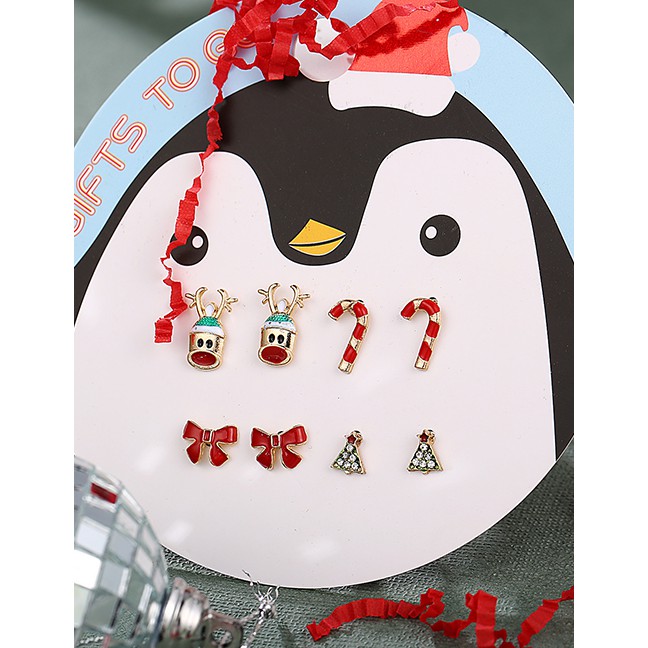 LRC Anting Tusuk Fashion Color Cartoon Christmas Deer Tree Bow Cane Earrings Four Pairs D49932