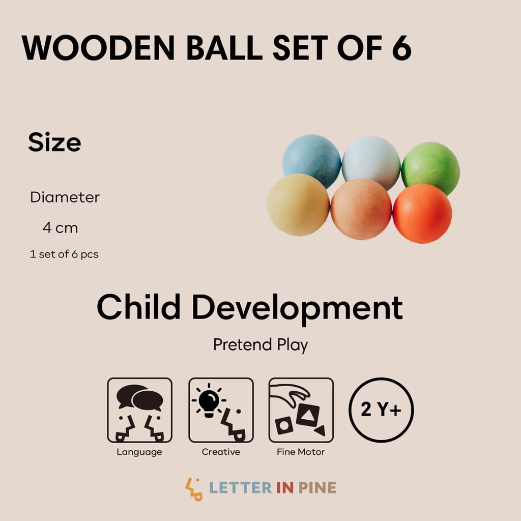 LETTER IN PINE Wooden Ball Set Of 6 - Mainan Kayu Wooden Toy Bola