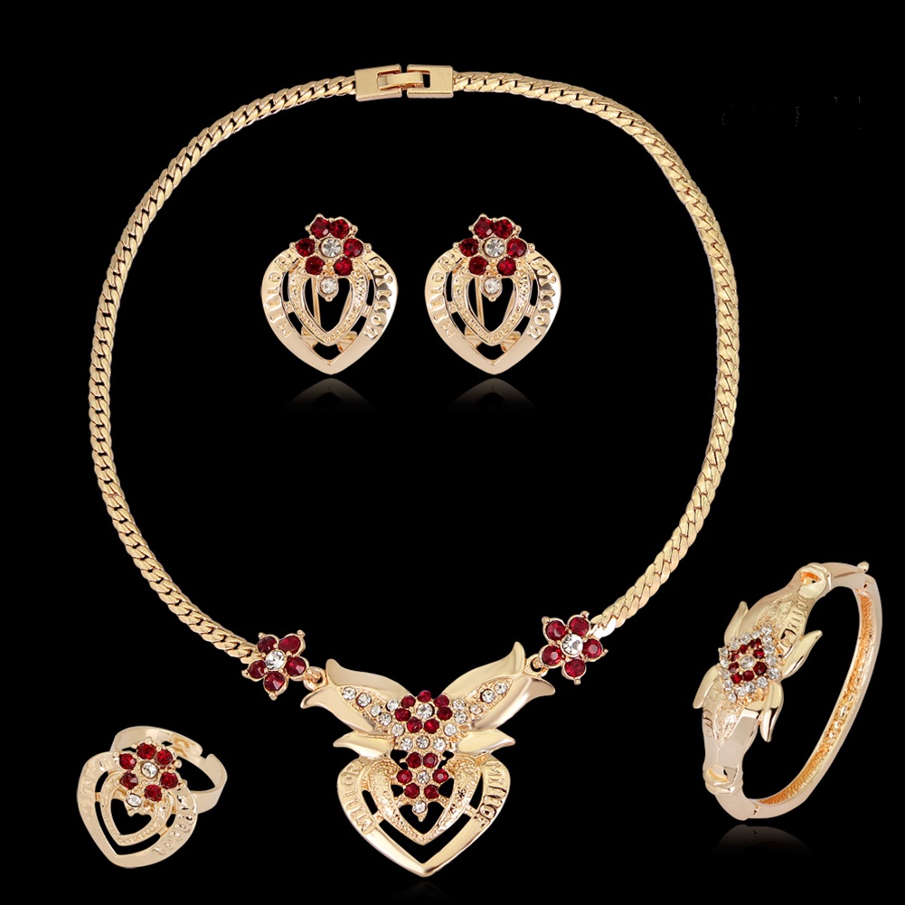 OW@ Women's Wedding Flower Rhinestone Ring Earrings Necklace Bracelet Jewelry Set