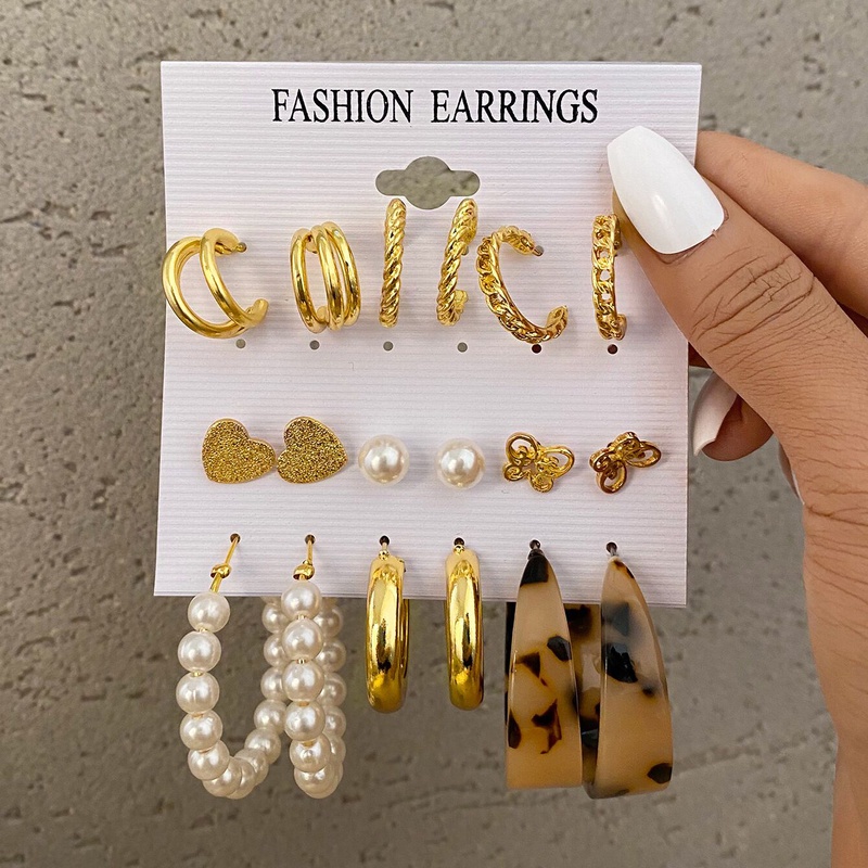 Set Anting Hoop 17km Gold Silver Hias Mutiara Bentuk Hati Butterfly Drop Untuk Aksesoris Perhiasan-7