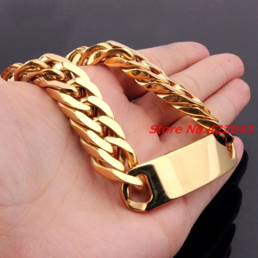 Gelang Pria Rantai Titanium Plat Warna Gold Emas Asli Original