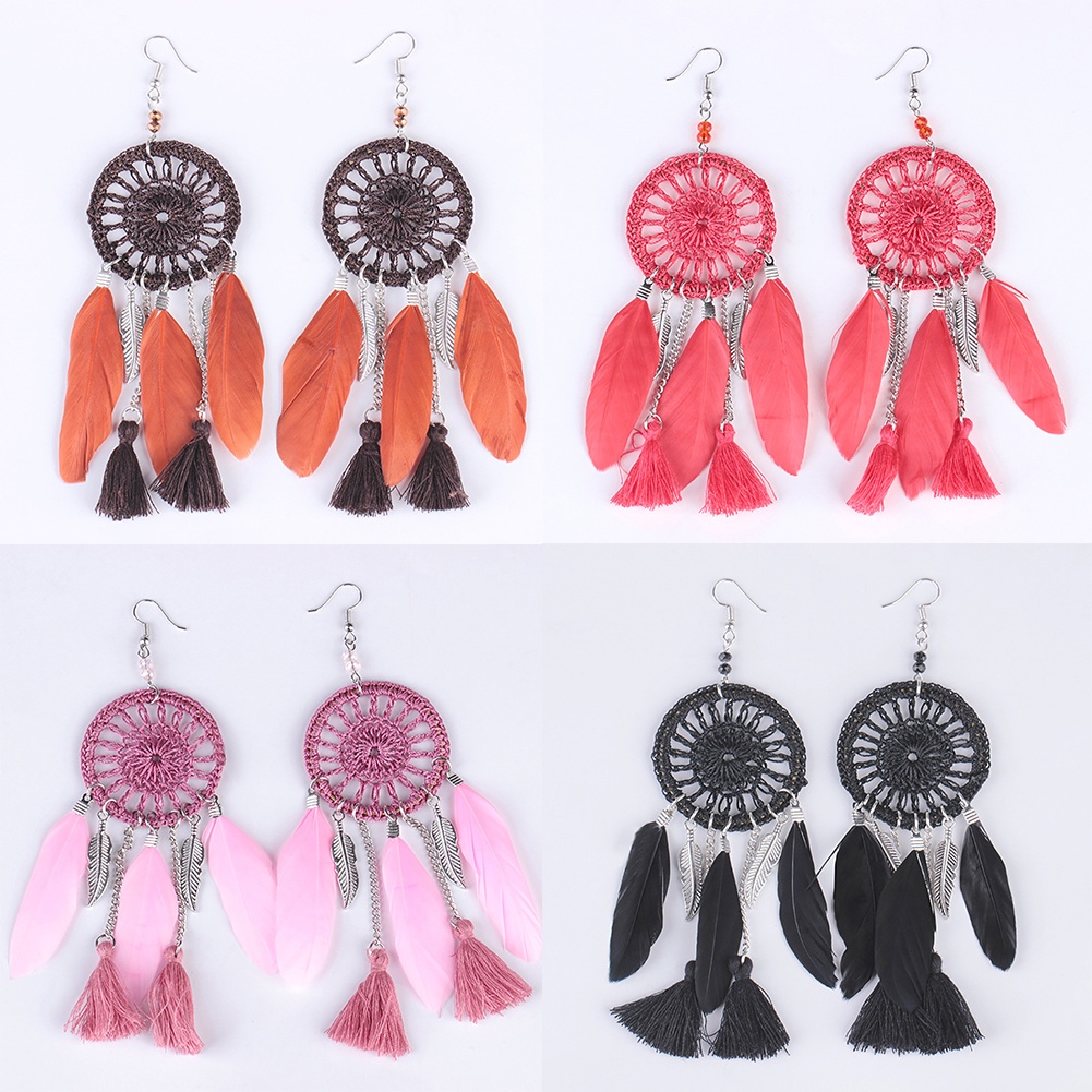 Hu Hu Hu Hu Hu Alat Bantu Pasang Kacamata♡ Anting Kait Gantung Panjang Wanita Desain Dream Catcher Etnik Hias Rumbai