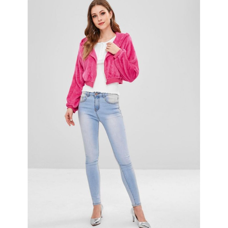 NEW [Zaful] Zip Up Crop Fluffy Hooded Jacket