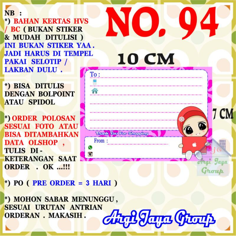 

Label Pengiriman Alamat Olshop Murah Nomer 94 - 10x7cm - Kertas BC (Manila)