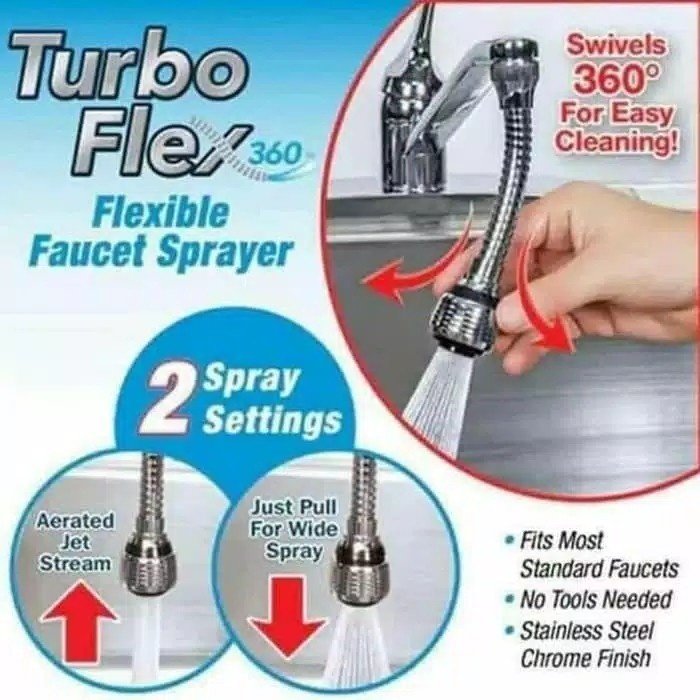 Sambungan Kepala Kran Air Turbo Flex Faucet 360 Flexible 2 Mode Spray - Sambungan Kran Air Cuci Piring - keran wastafel cuci piring stainless - kran air - keran wastafel - kran cuci piring - kran tembok stainless