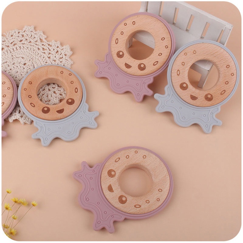 Mary Mainan Teether Silikon Bentuk Gurita Kartun Dengan Ring Kayu Untuk Bayi