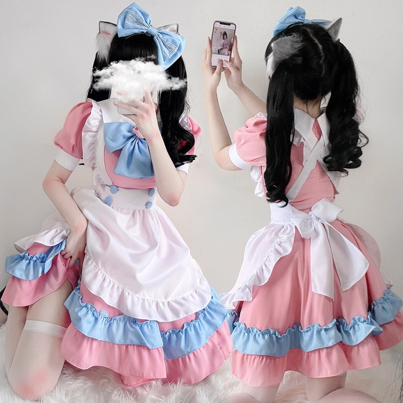 【Wetrose】Girl Super Cute Big Bow Lolita Maid Outfit Pink Blue Maid Costume Dress Set for Cosplay Cafe Wanita Pembantu