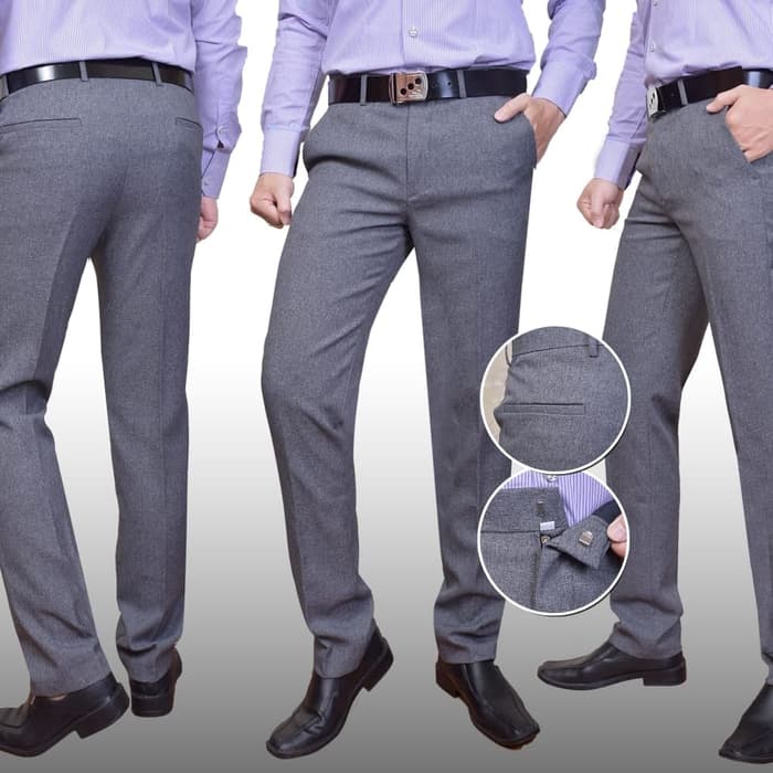 Celana Formal Pria Panjang Dewasa Slimfit Bahan Kain Gabardine Warna Abu Terang 27-38