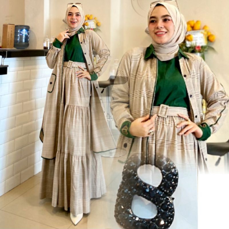 Maxi Dress Lekmong 3 in 1 Dress set Outer ORI SHR Set Jilbab - Gamis Terbaru SHR