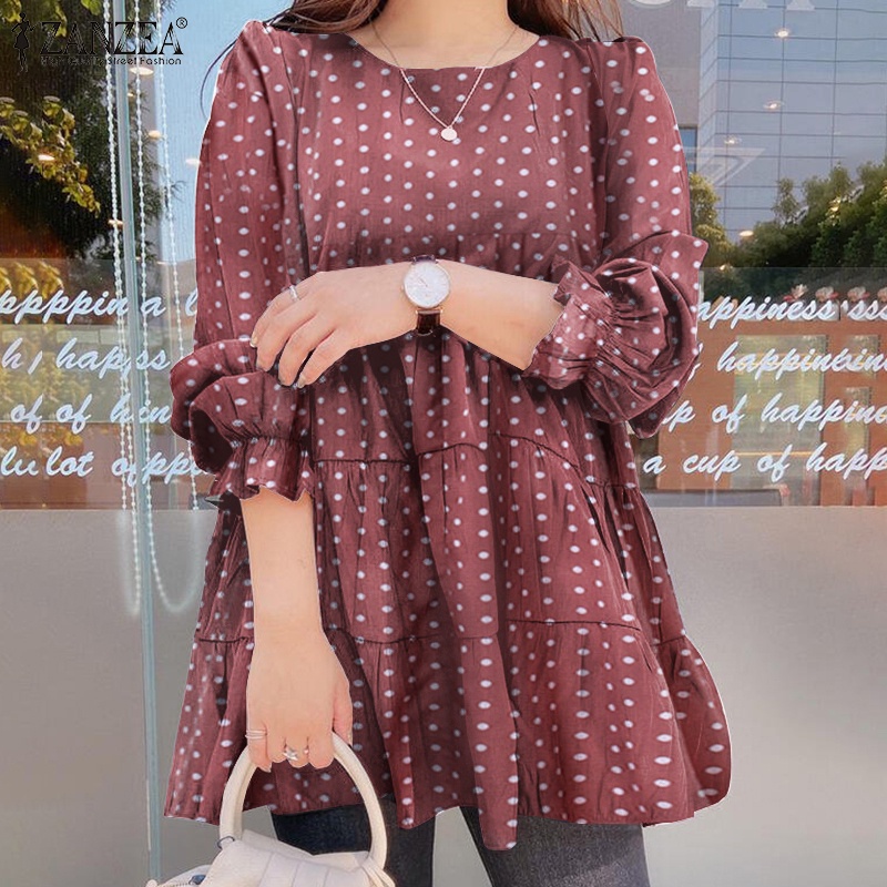 ZANZEA Women Long Sleeve Polka Dot Printing Casual Round Neck Blouse