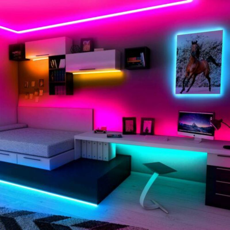 Lampu LED Strip Lamp Lighting Hiasan Mobil Motor Kamar Tidur Tempel Dinding LED Remote Aesthetic