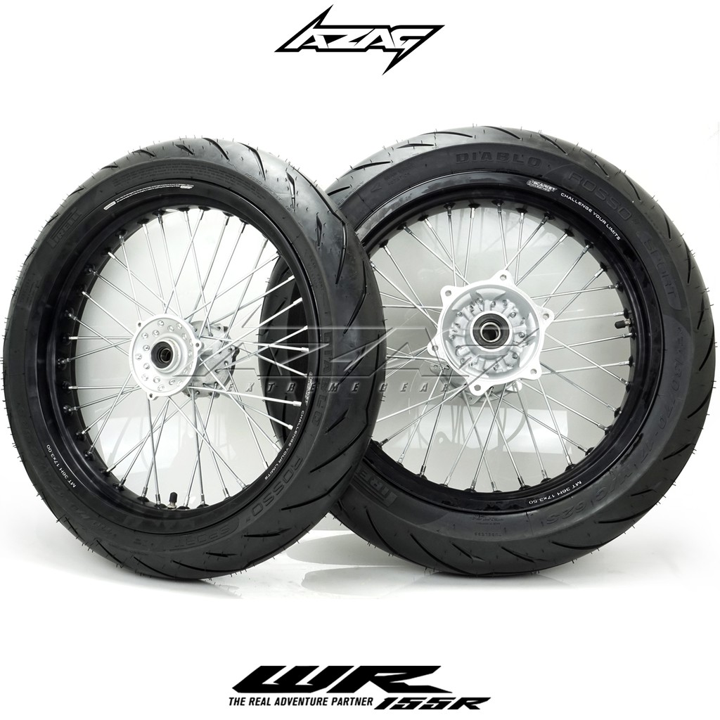 BAN SET SUPERMOTO YAMAHA WR TROMOL ORI VELG SCARLET BLACK BAN PIRELLI