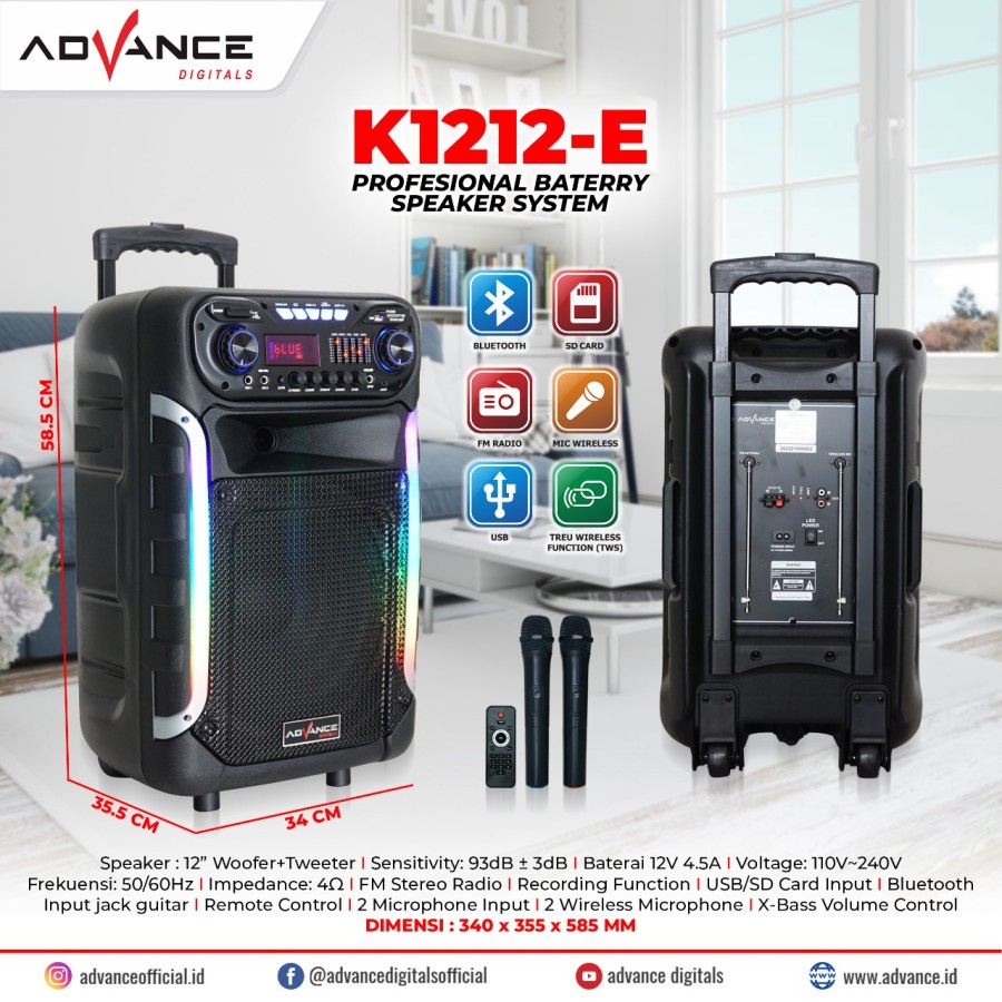 Speaker Bluetooth Portable Advance K1212E 12inch + 2 Mic Wireless