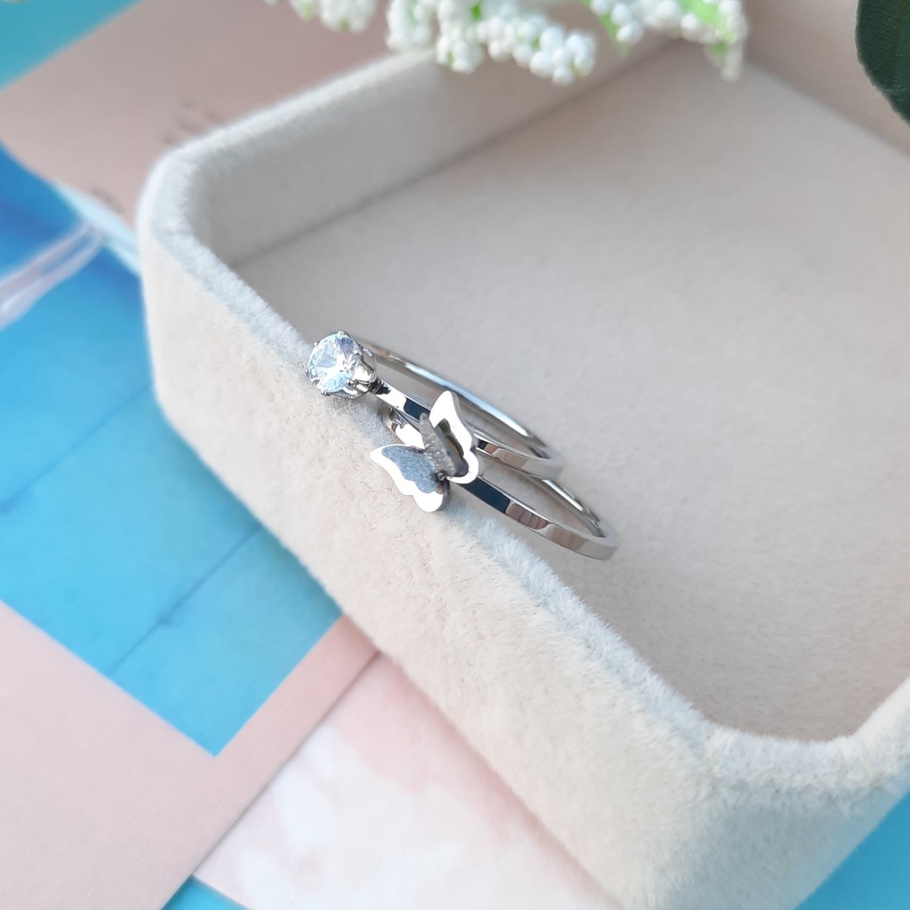 Cincin Titanium Mini Aksen Kupu - Kupu 2 in 1 Dengan Zirkan Rose Gold, Gold dan Silver