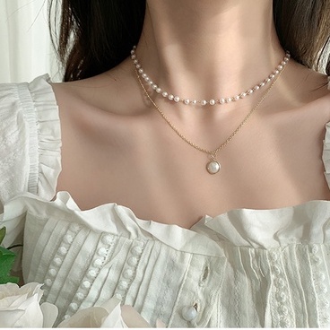 Kalung Rantai Klavikula Hias Mutiara Ganda Bahan Logam Gaya Korea Untuk Wanita