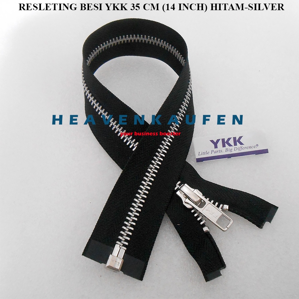 Resleting Zipper YKK Type Gigi Besi Metal 35 cm Atau 14 inch Hitam Silver Open - End Buka - Lepas