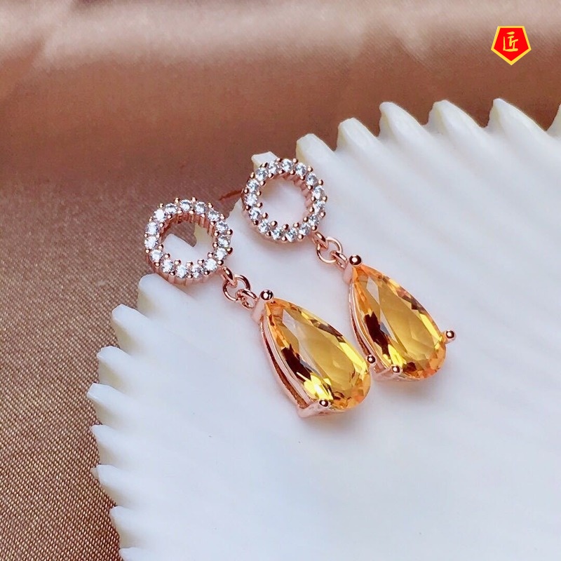 [Ready Stock]New Citrine 925 Silver Colored Gems Stud Earrings