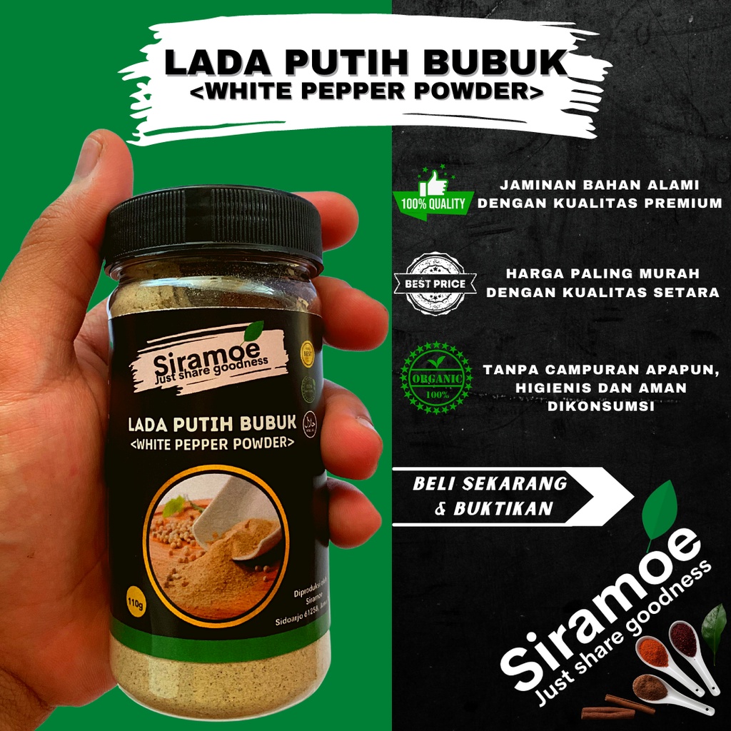 

Siramoe - Lada Putih Bubuk Merica Grinder Halus Botol 110 gr Murni White Pepper Powder Tanpa Campuran Kualitas Premium Bumbu Masak Dapur Asli Herbal Jurus Sehat Rasulullah Jsr Rasa Rempah Nusantara