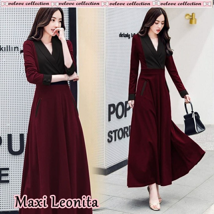 Dress Cewek Wanita Pesta Birthday Ulang Tahun Casual Zaman Now Maxi Leonita Hitam [Dress 0153] 23DLG