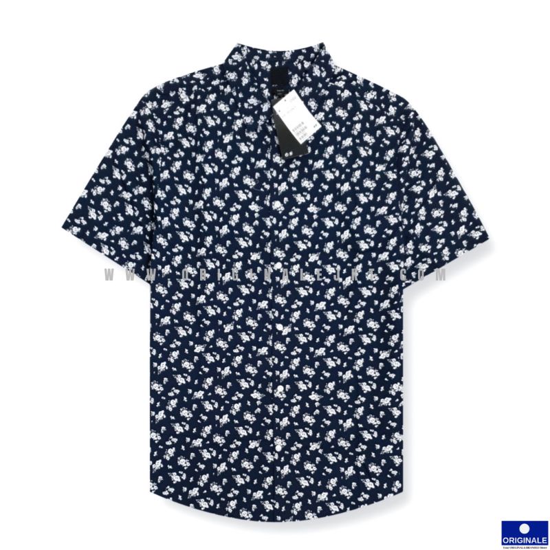 HM Slim Fit Short Sleeve Shirt - Dark Blue/White Floral