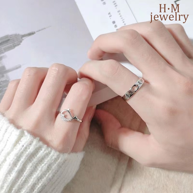 Cincin Model Terbuka Desain Lumba-Lumba Hollow Bahan S925 Silver Untuk Pasangan