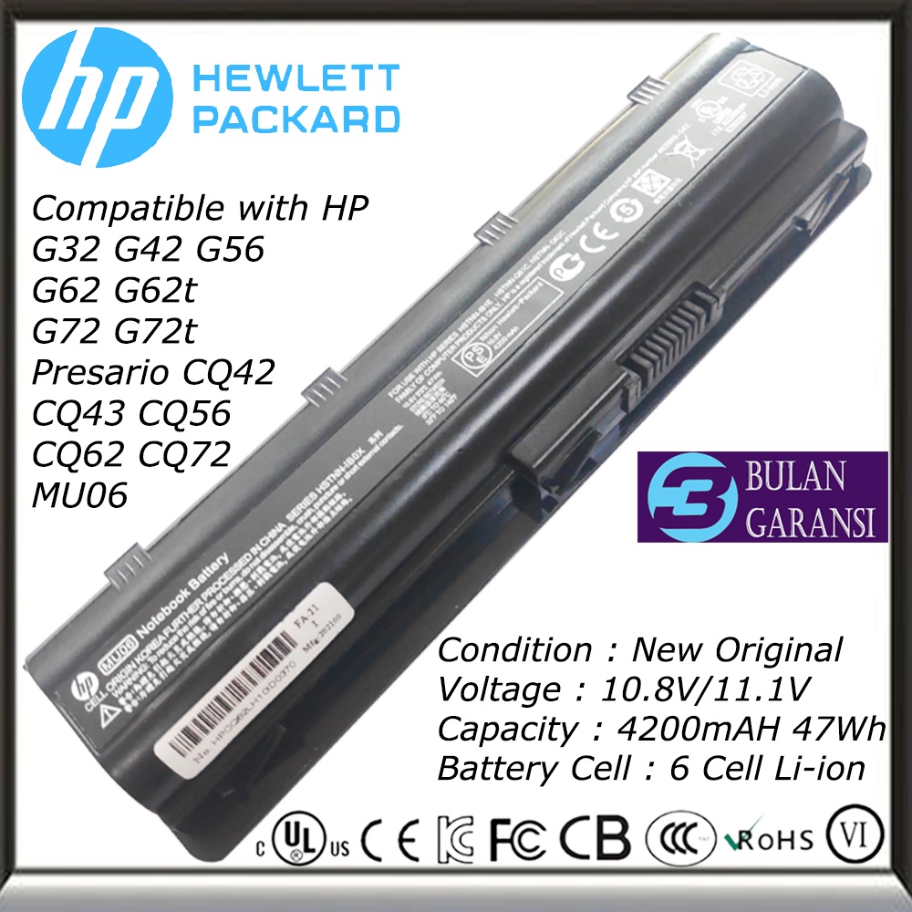 Baterai Batre ORI Laptop HP Pavilion G4 G6 G7 G42 DM4 DV3 DV4 DV5 DV6 DV7 HP Compaq Presario CQ32 CQ42 CQ43 CQ430 CQ431 HP 430 431 435 436 630 631 C635 MU06