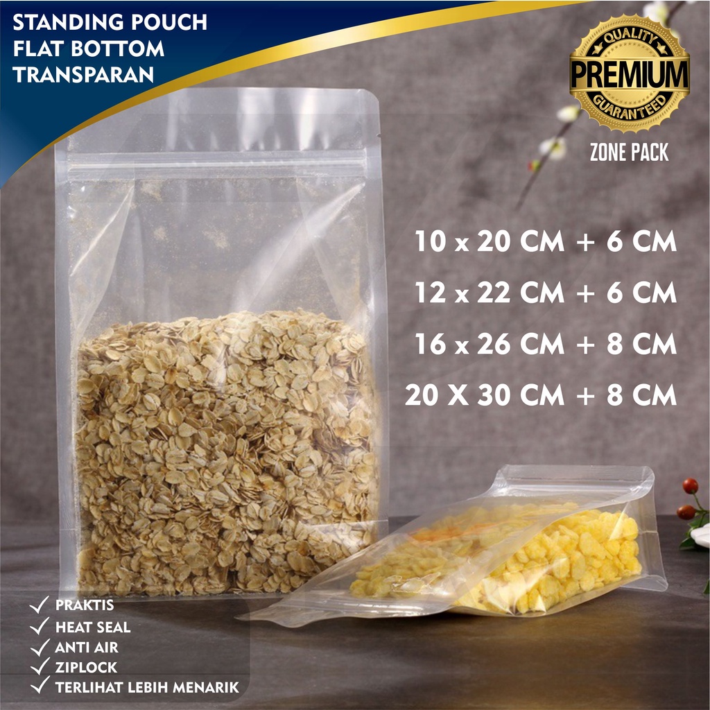 Jual Standing Pouch Flat Bottom Bening I Kemasan Kopi Snack Transparan