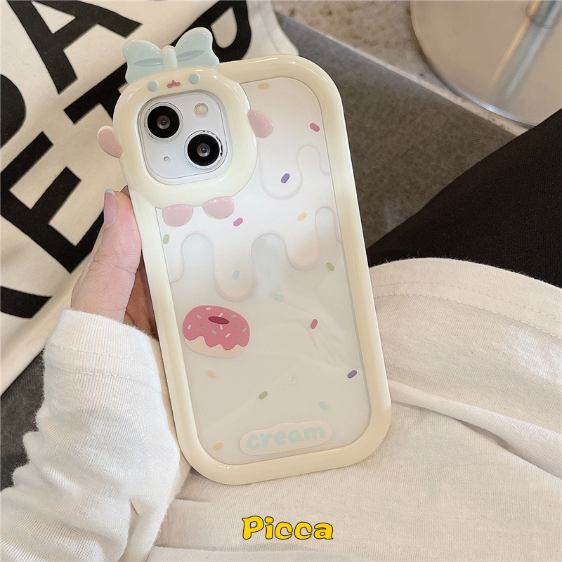 IPHONE Ins Gadis Strawberry Kue Es Krim Case Kompatibel Untuk Iphone14 7 8 Plus XR 7 8 6 6S Plus 14 13 12 11 Pro MAX XS MAX X SE 2020 3D Busur-Simpul Kartun Monster Kecil Penutup Lensa