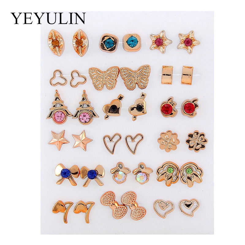 36 Pasang / 18 Pasang / Set Anting Stud Kristal Berlian Imitasi Bentuk Bunga Campur Gaya Elegan Untuk Wanita