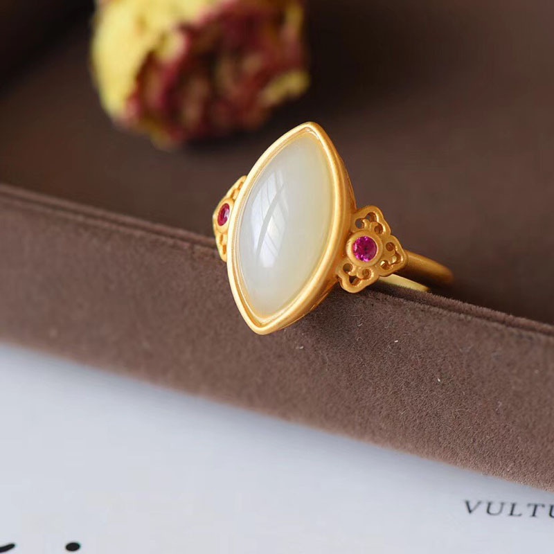 [Ready Stock] Hetian jade live mouth ring, white jade, jasper ring, inlaid with gilt gold, ancient gold frosted craftsmanship