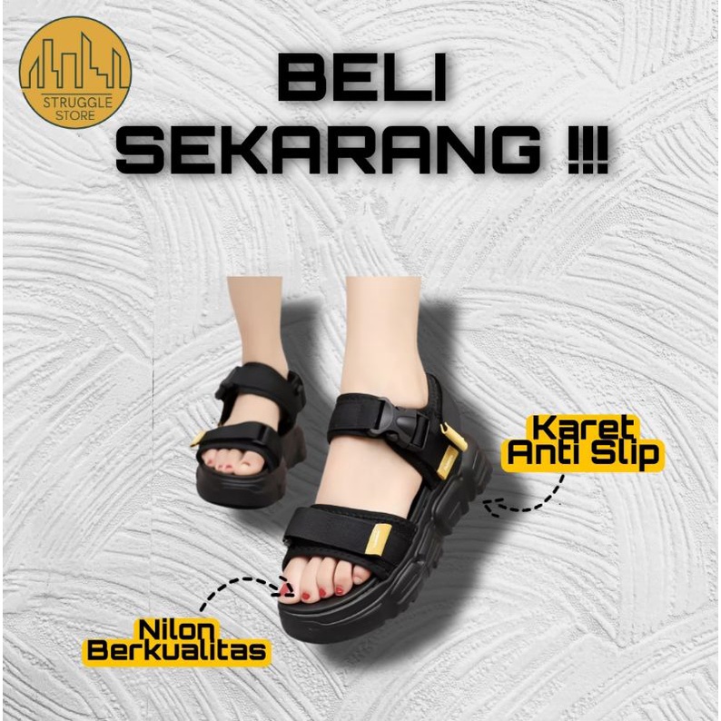 Sepatu Sendal Sandal Wanita Tinggi Jalan Tali Gunung Kulit Main Sehari Hari Import Korea Hitam Murah