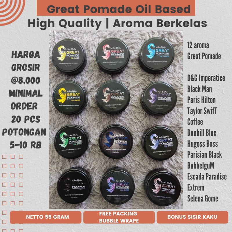 2 in 1 Great Pomade Oil Based High Quality Aroma Parfum Eropa Bonus Sisir Minimal Order 20 Pcs Harga Grosir