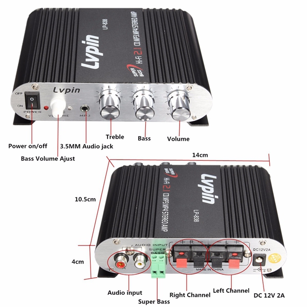 LVPIN Mini HiFi Stereo Amplifier Treble Bass Booster 12V - LP-838HTM