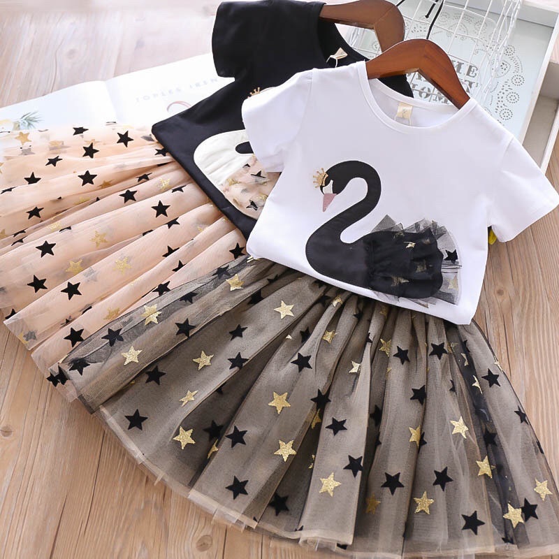 Gadis putri gaun katun T-shirt + setelan rok pendek rok angsa rok bayi SWEET FLAMINGO EBV Bayi Baju Anak setelan Perempuan Import lucu berkualitas