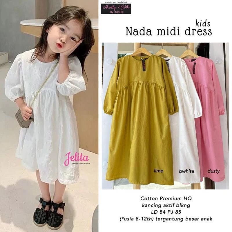 Nada Midi Dress Kids Katun Rayon Premium / Dress Anak Perempuan 8-12Tahun