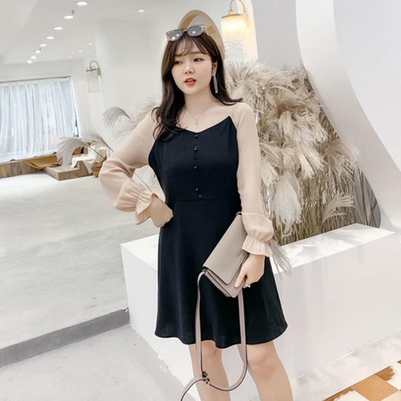 Spring and autumn dress 2021 new large women's dress 200kg skirt V-neck contrast color fat mm thin l