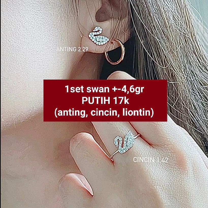 Cincin liontin anting duduk tusuk anak dan dewasa emas asli kadar 700 70 16k 750 75 17k mata swan angsa Swarovskii earrings ring gold