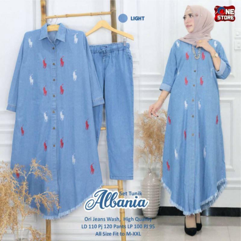 Albania One Set Setelan Celana Tunik Polos Jeans Rawis Bordir Polo Ld 110 Jumbo Fit XXL Busui Kancin