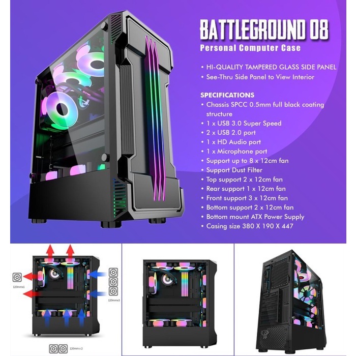 Casing Simbadda BattleGround 08 BattleGround 8 mATX Tempered Glass Gaming Case