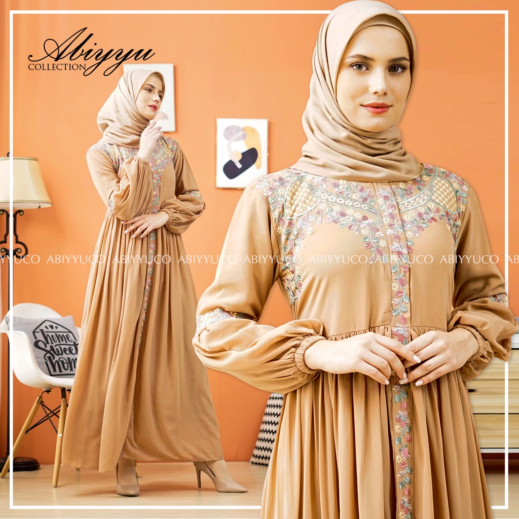 Abiyyuco TA9014 | Gamis Ceruty Babydoll Busui Terbaru Gamis Ceruti Babydol Resleting Depan dengan Bordir Cantik Mewah