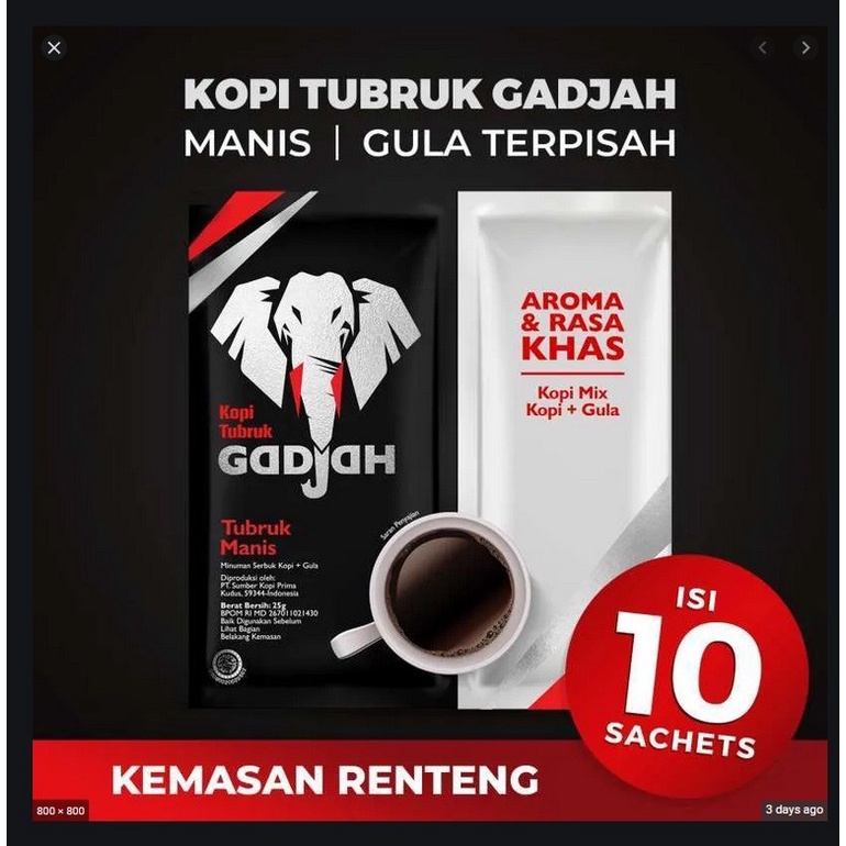 

GADJAH KOPI TUBRUK MANIS 2 in 1 isi 10 x 25gr | KOPI GAJAH sachet isi 10pcs