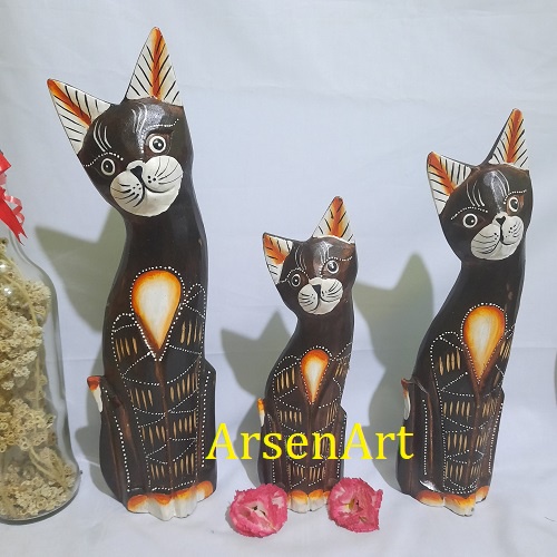 Pajangan Patung Kucing Kayu Satu Set 3 Pcs Tinggi 35 cm Ukuran Besar Kerajinan Bali