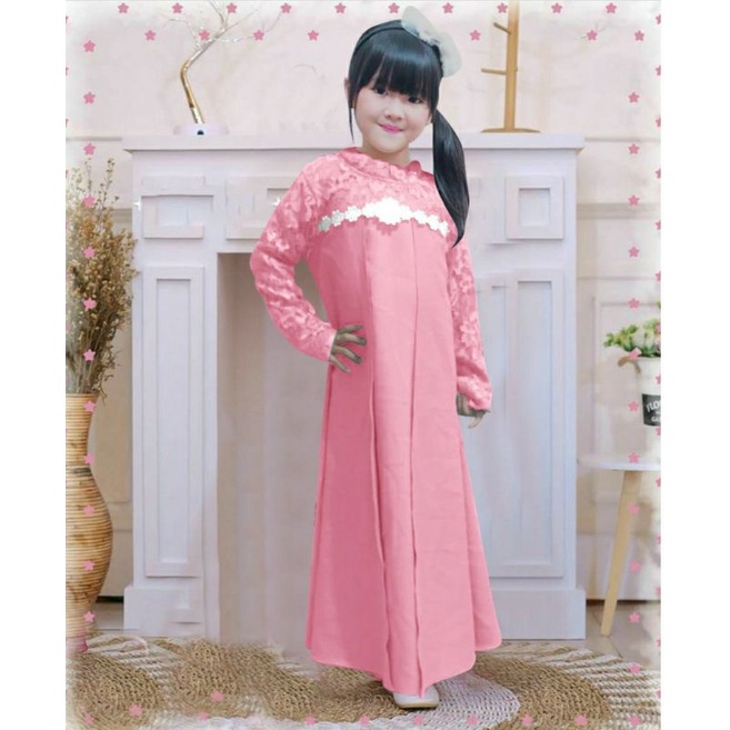 Gamis Anak KID ELENA  / ELENA KIDS/Gamis Muslim Anak Wanita Bahan Moscrepe Kombinasi Brukat Bagian D
