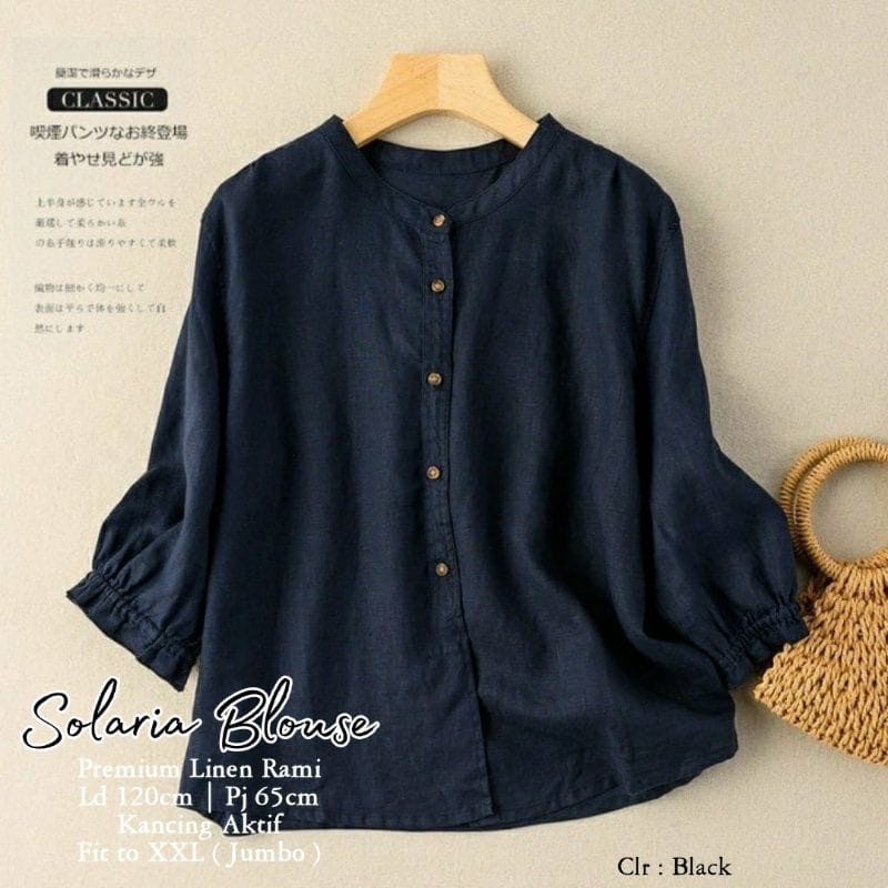 Solaria Blouse Linen Kemeja Wanita Kerah Sanghai Baju Atasan Korean