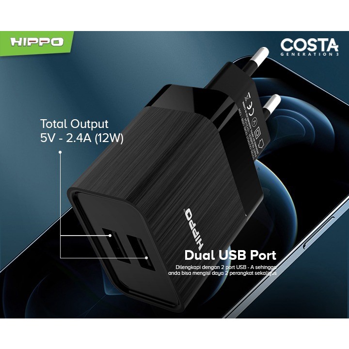 Kepala Adaptor Charger Hippo Costa Gen 3 2 Lobang USB Port Original Ori For XiaoMi Samsung Oppo Vivo LG